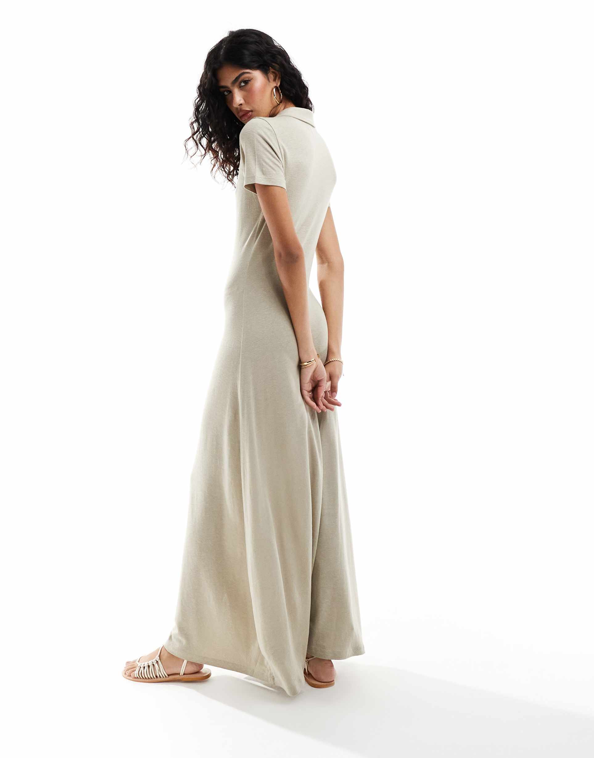 asos design collared linen look maxi tea dress with button front in stone