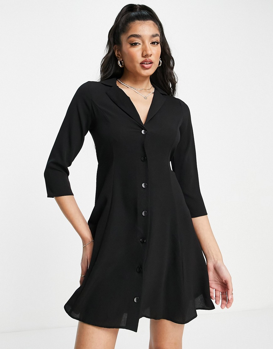 ASOS DESIGN collared long sleeve button through mini shirt dress in black