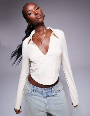 ASOS DESIGN collared long sleeve top in stone-Neutral