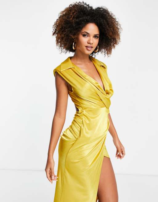 ASOS DESIGN collared maxi dress with side tuck in satin gold | ASOS