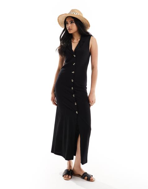 ASOS DESIGN collared midaxi waistcoat dress with button front in black - view 1