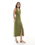 [ASOS DESIGN] ASOS DESIGN collared midaxi waistcoat dress with button front in khaki-Green 18 Olive Khaki