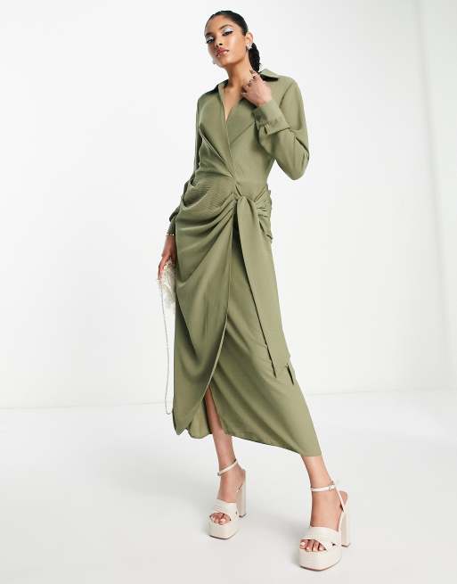 ASOS DESIGN chiffon tie neck ruched waist midi dress in stone