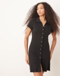 [ASOS DESIGN] ASOS DESIGN collared mini column tea dress with button front and cap sleeve in black 6 BLACK