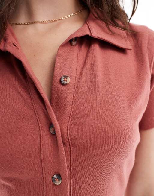 ASOS DESIGN collared mini column tea dress with button front and cap sleeve in dark red, 4 of 4