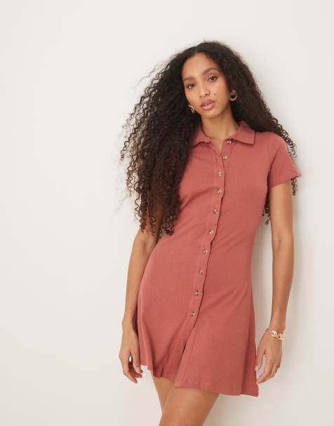 ASOS DESIGN collared mini column tea dress with button front and cap sleeve in dark red
