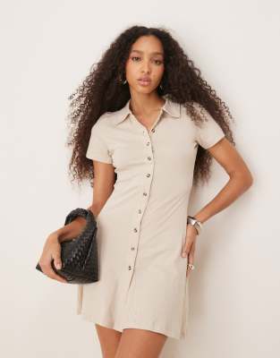 Asos Design Collared Mini Column Tea Dress With Button Front And Cap Sleeve In Neutral