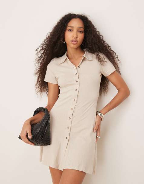 ASOS DESIGN collared mini column tea dress with button front and cap sleeve in stone - view 1