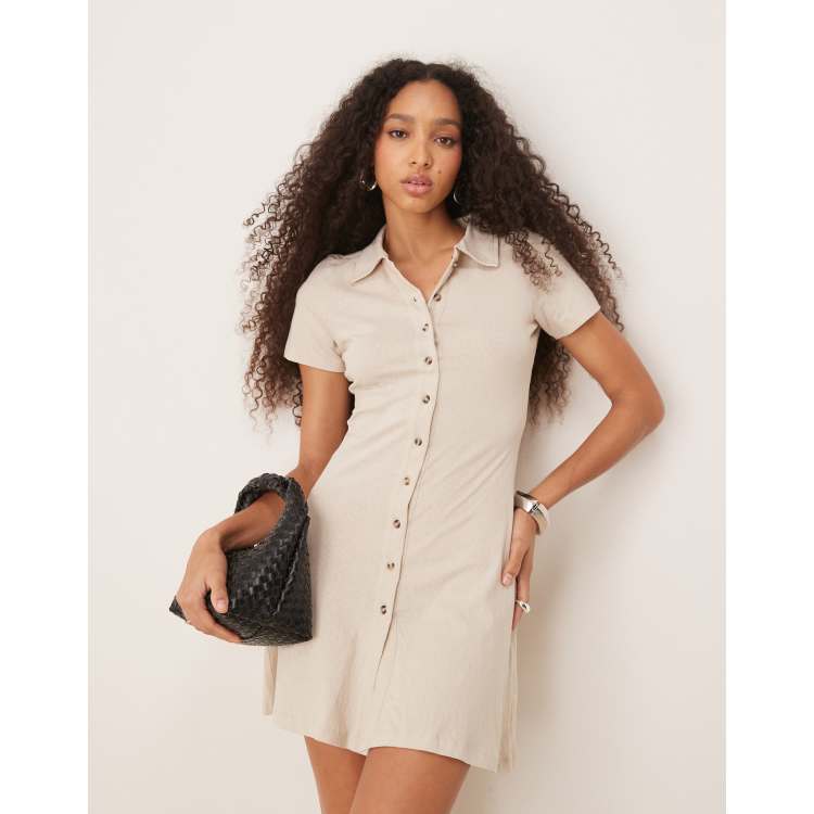 ASOS DESIGN collared mini column tea dress with button front and cap sleeve  in stone | ASOS