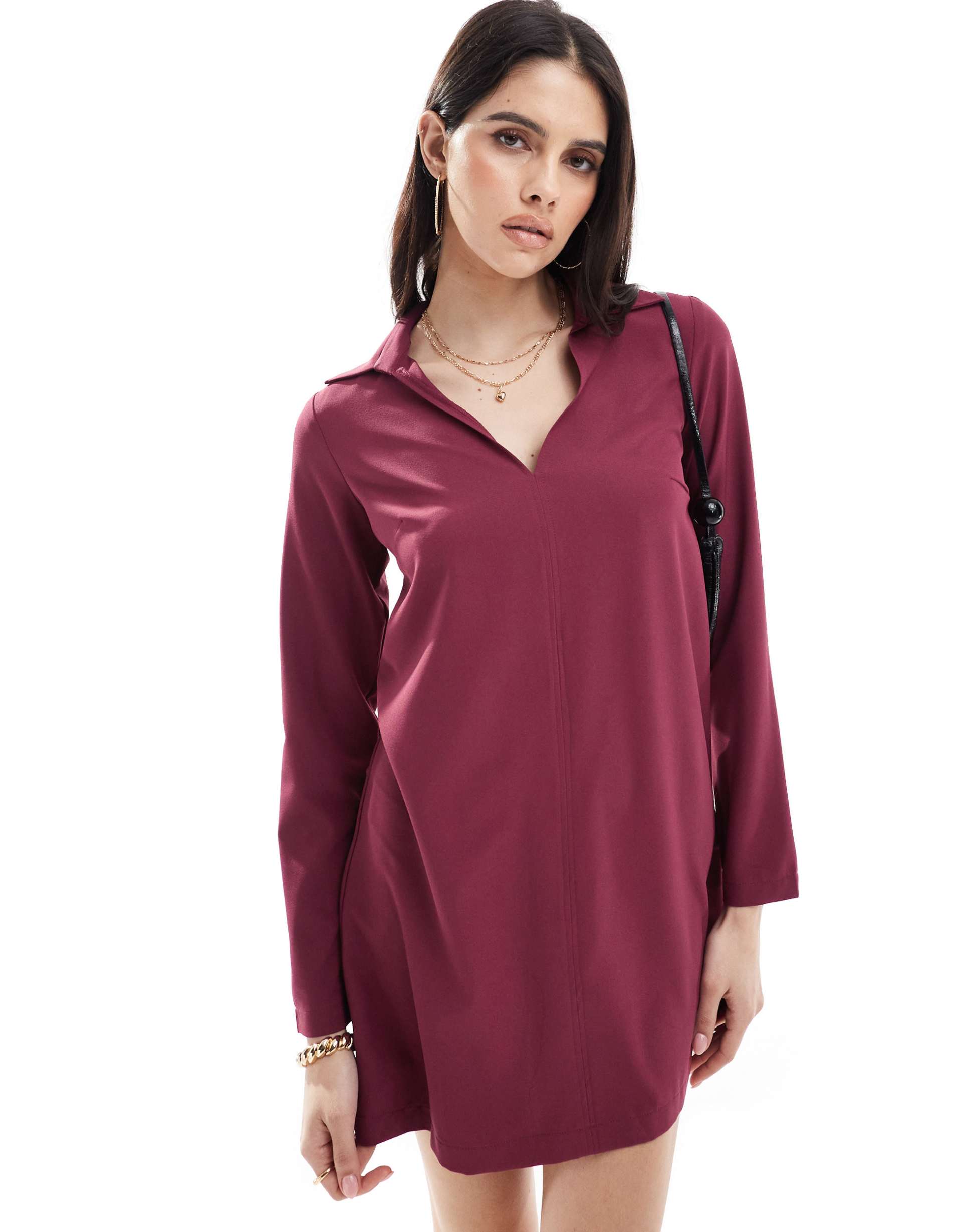 asos design collared mini shift dress in burgundy