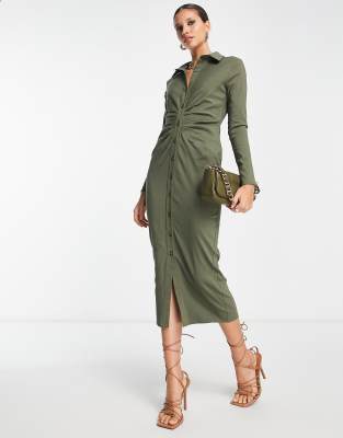 Asos Design Collared Open Back Button Through Ruched Front Midi Dress In Khaki-Green