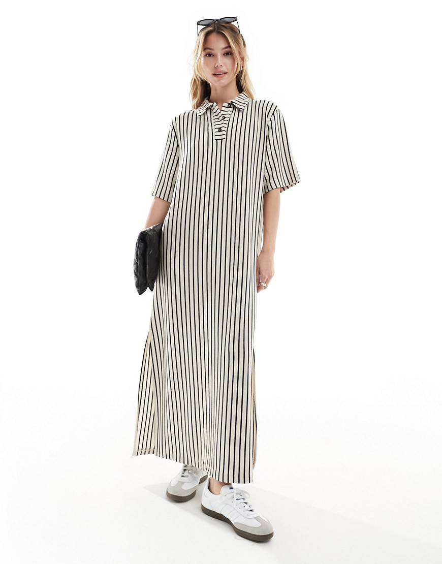 ASOS DESIGN collared placket midaxi t shirt dress in stripe-Multi