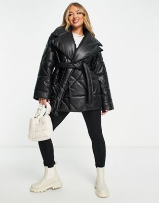 ASOS DESIGN collared puffer faux leather jacket in black