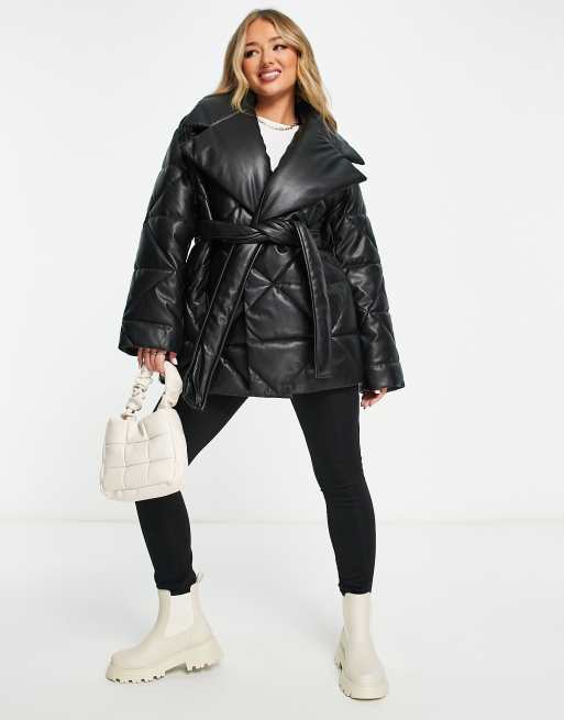 Black Faux Leather Pocket Front Hooded Midi Puffer