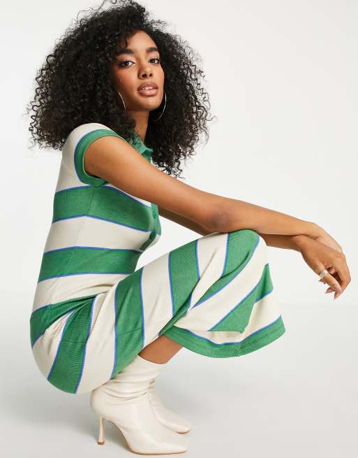 ribbed midi polo dress ASOS DESIGN collared ribbed midi polo dress in bright green stripe