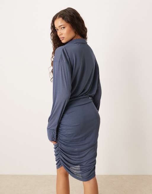 ASOS DESIGN collared ruched wrap mini dress in denim blue, 2 of 4