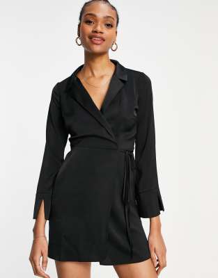 ASOS DESIGN collared satin wrap mini dress with tie detail in black | ASOS