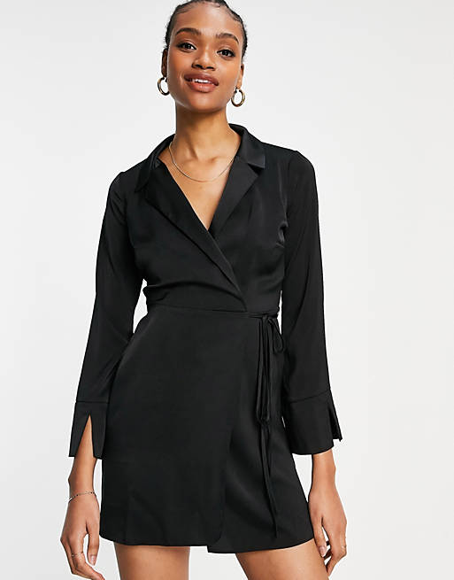 Dresses collared satin wrap mini dress with tie detail in black 