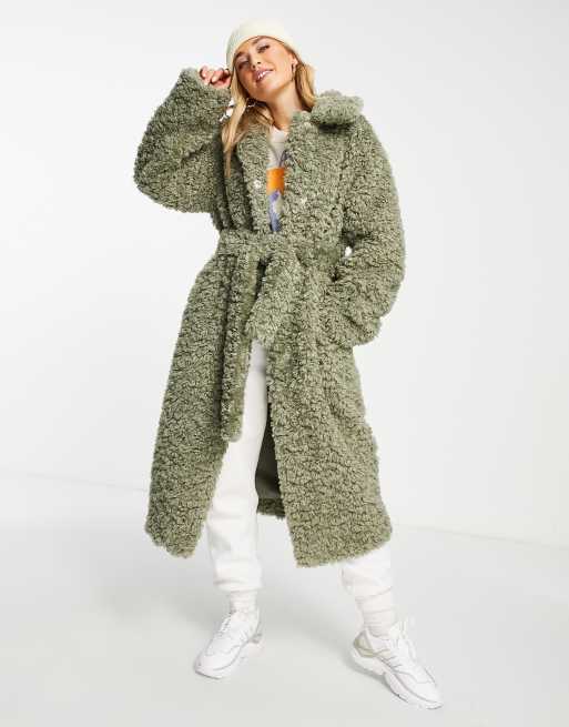 ASOS DESIGN collared sherpa coat with belt in sage