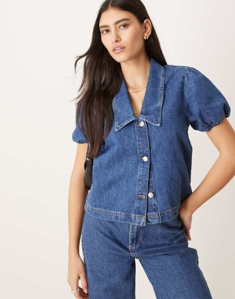 ASOS DESIGN collared shirt with puff sleeves in mid blue - view 1