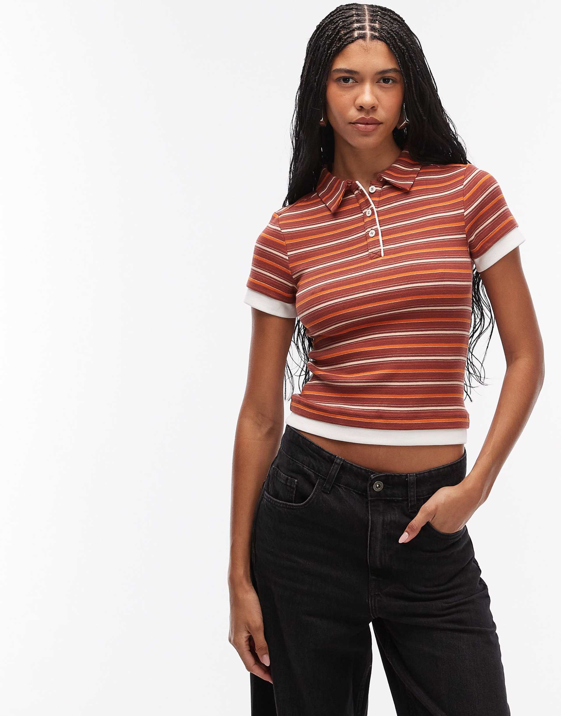 asos design collared short sleeve polo top in chocolate and orange stripes