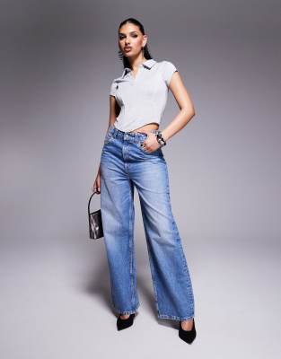 Asos Design Collared Short Sleeve Top With Corset Detail In Gray