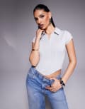 [ASOS DESIGN] ASOS DESIGN collared short sleeve top with corset detail in grey marl 14 Grey Marl
