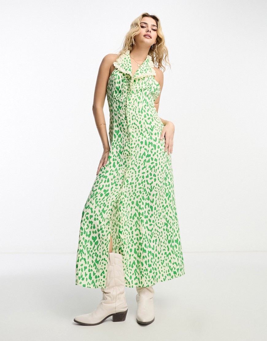 ASOS DESIGN collared sleeveless midi shirt dress in green splodge print-Multi