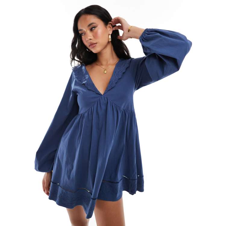 ASOS DESIGN collared smock long sleeve mini dress with embroidery & cutwork  in blue | ASOS