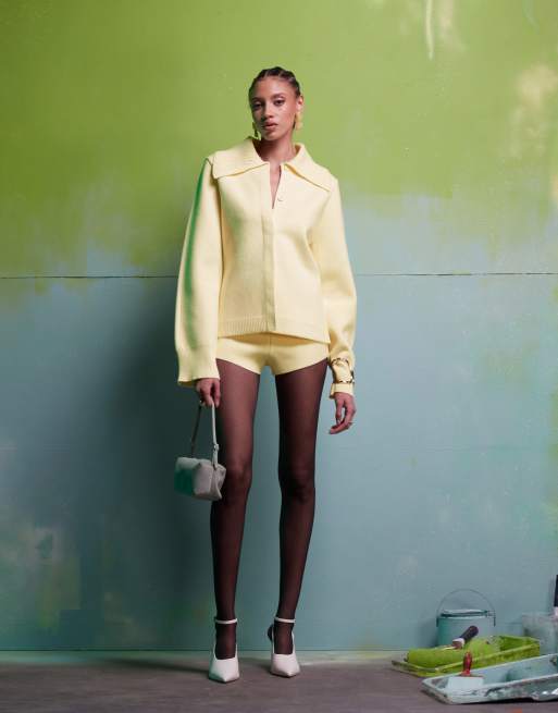 ASOS DESIGN collared structured knit waisted shirt cardigan co-ord in cream