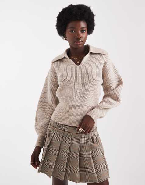 ASOS DESIGN collared sweater in fisherman rib with waisted detail in oatmeal - view 1