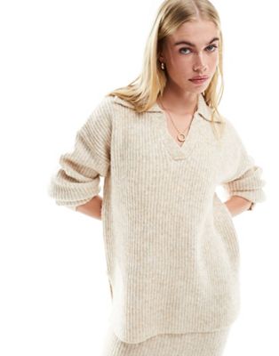 Asos Design Collared Sweater In Oatmeal - Part Of A Set-neutral