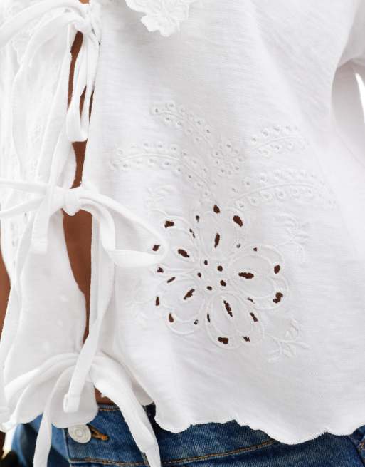 ASOS DESIGN collared tea blouse with broderie detail in cream, 2 of 4