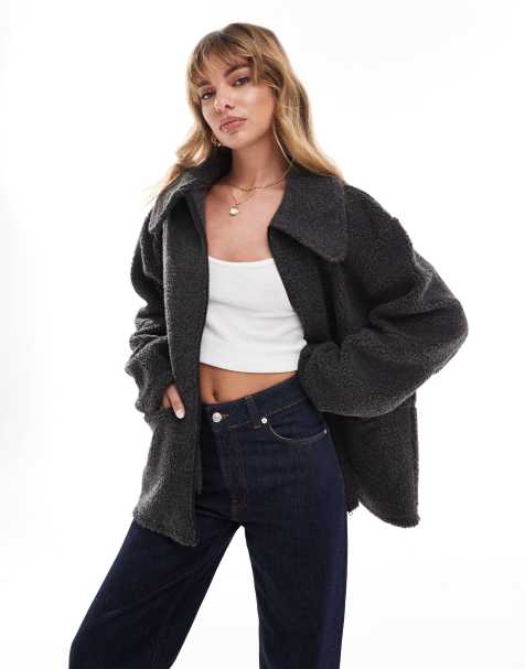 ASOS DESIGN collared teddy fleece zip up sweatshirt in charcoal - view 1