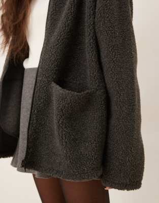 Asos Design Collared Teddy Fleece Zip Up Sweatshirt In Gray