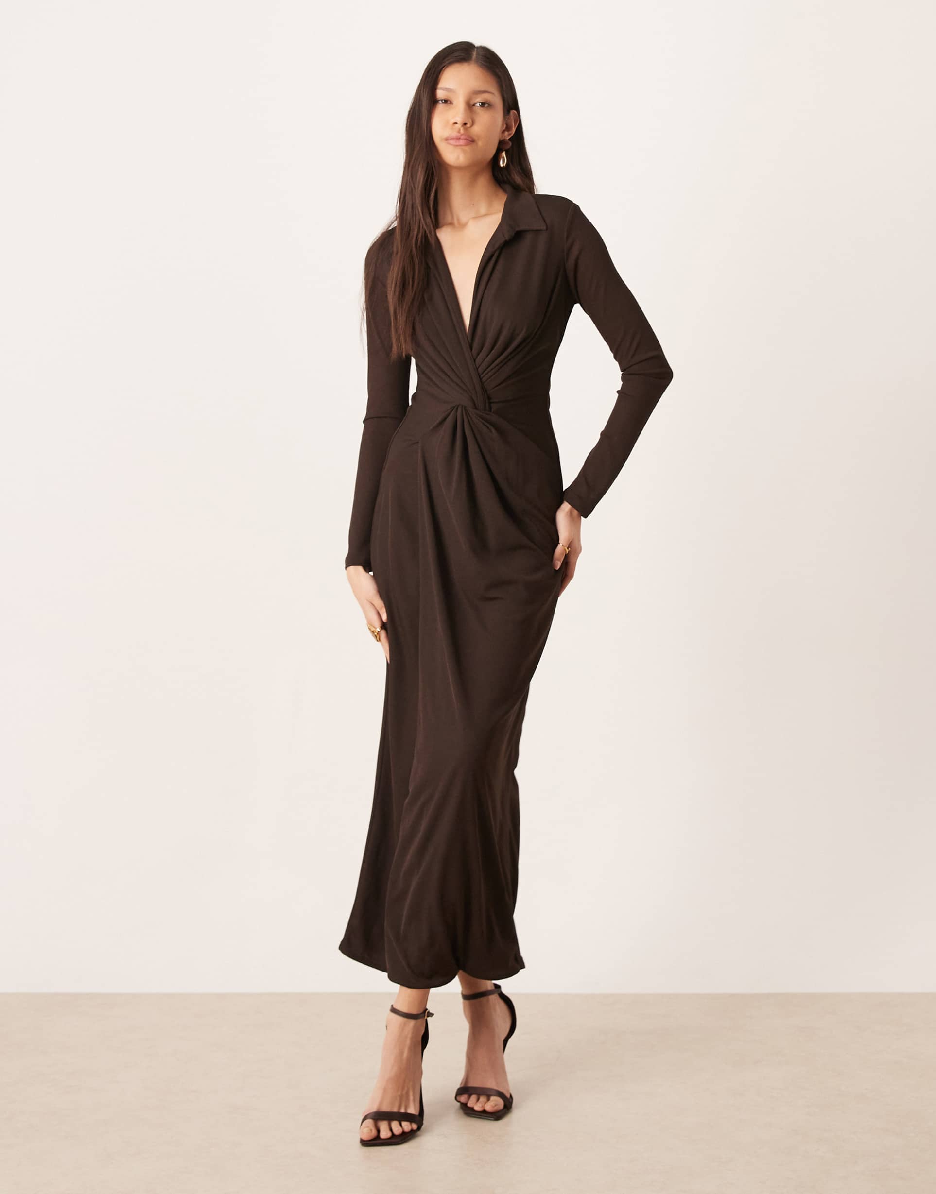 asos design collared twist detail midi dress in chocolate