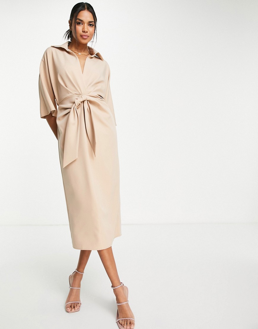 ASOS DESIGN collared wrap front batwing midi dress with knot in camel-Neutral