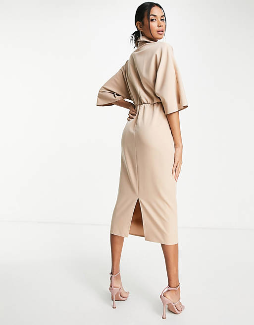  collared wrap front batwing midi dress with knot in camel 