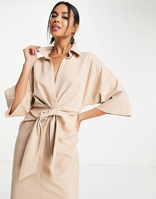  collared wrap front batwing midi dress with knot in camel 