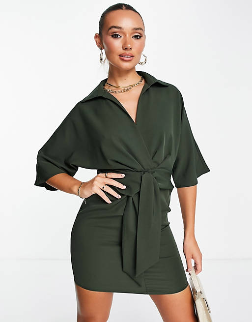 ASOS DESIGN collared wrap front batwing mini dress with knot in khaki ...