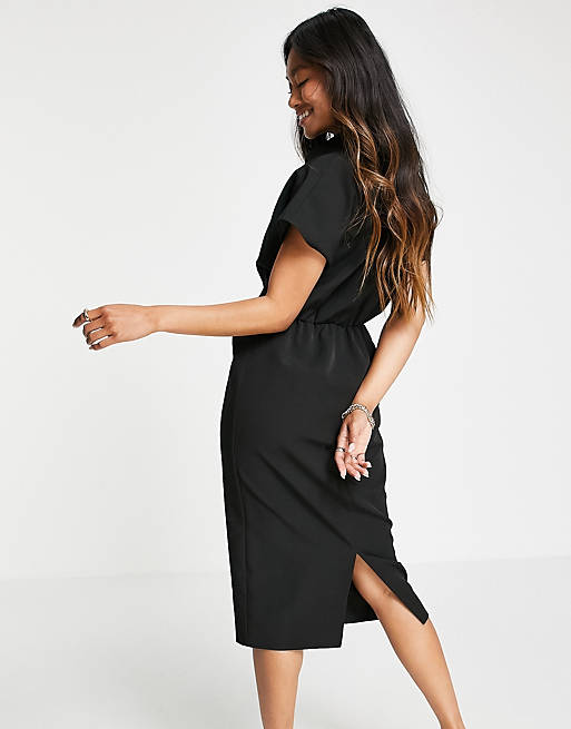 Women collared wrap front midi dress with knot in black 