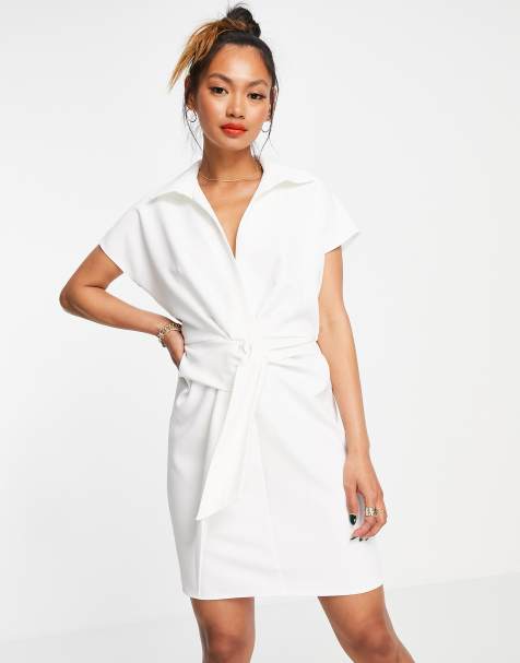 ASOS DESIGN collared wrap front mini dress with knot in ivory - view 1