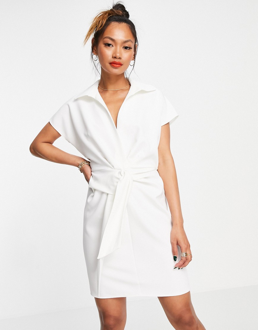 ASOS DESIGN collared wrap front mini dress with knot in ivory-White