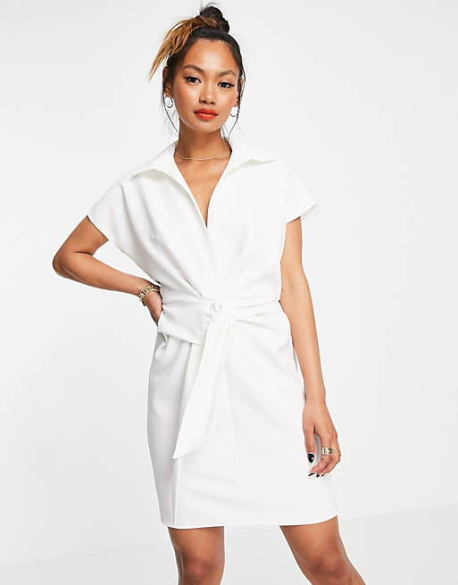 Women collared wrap front mini dress with knot in ivory 