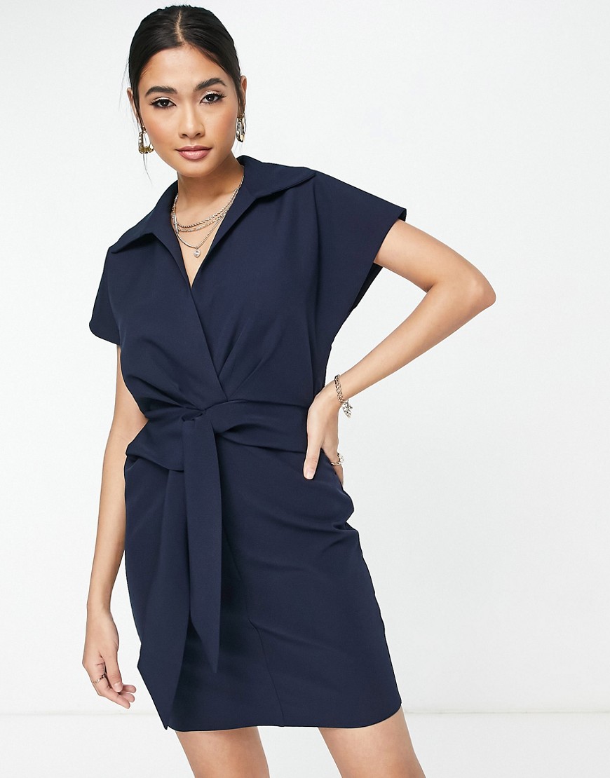 ASOS DESIGN collared wrap front mini dress with knot in navy