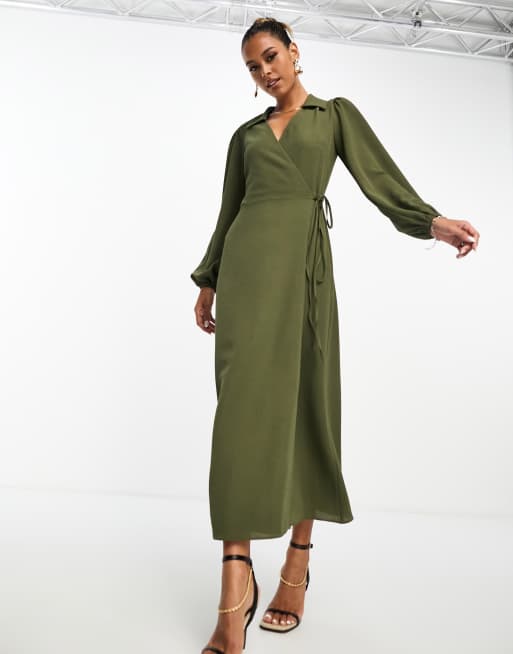 ASOS DESIGN Maternity wrap midi dress in khaki