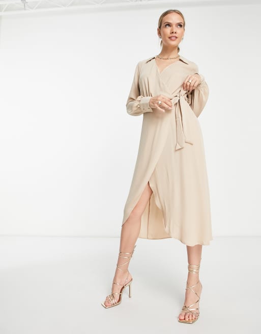 ASOS DESIGN chiffon tie neck ruched waist midi dress in stone