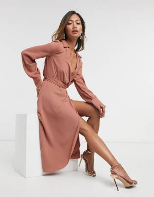 ASOS DESIGN collared wrap midi dress with tie belt in terracotta - ASOS Price Checker