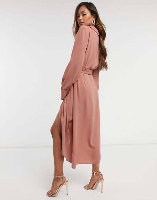 ASOS DESIGN collared wrap midi dress with tie belt in terracotta