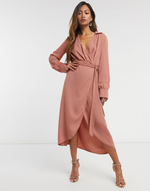 ASOS DESIGN collared wrap midi dress with tie belt in terracotta